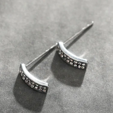 ASTRID: Minimalist Pavé Zirconia Curved Bar Stud Earrings Silver - Image 3