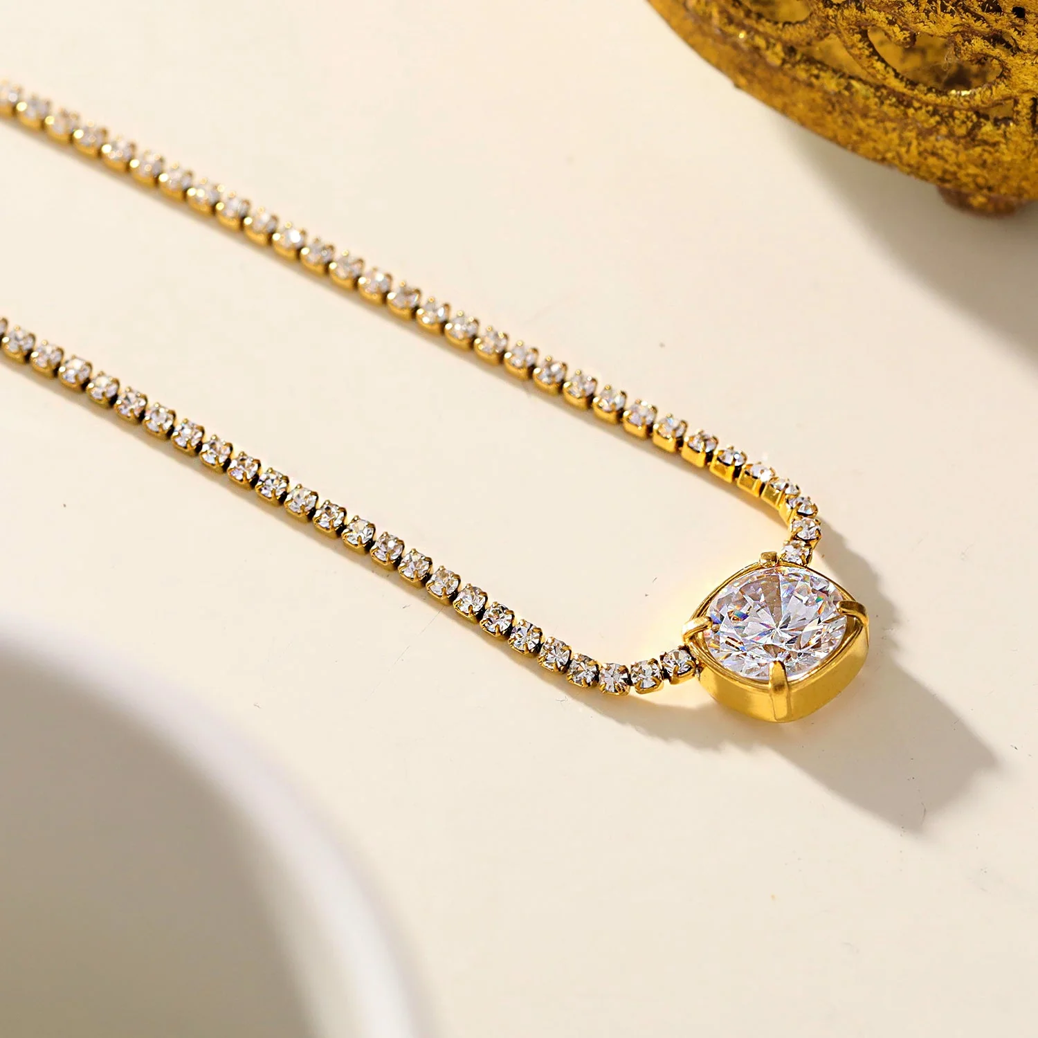 AURA: Bezel-Set Zirconia Pendant on a Mini-Zirconia Beaded Chain Necklace - Image 6
