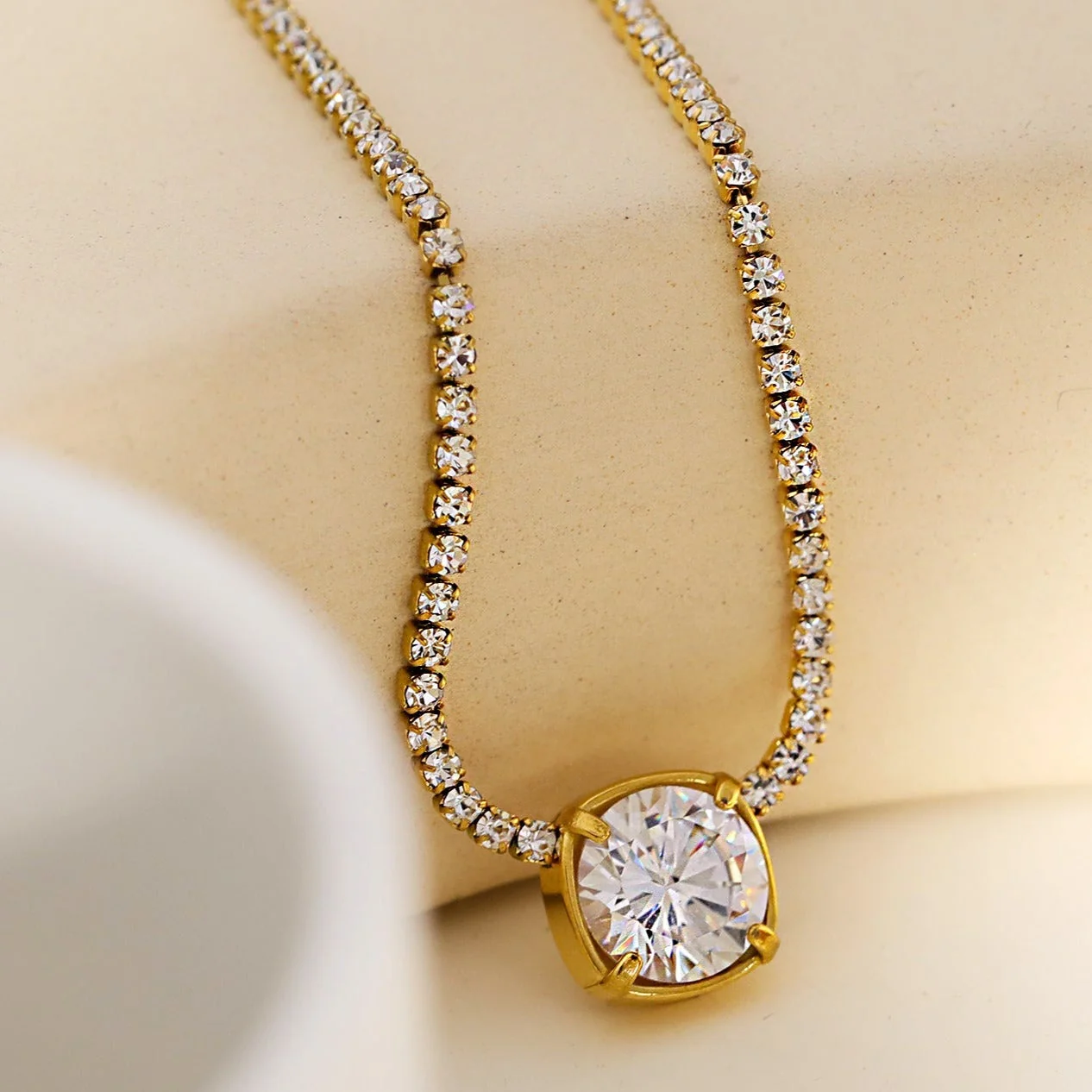 AURA: Bezel-Set Zirconia Pendant on a Mini-Zirconia Beaded Chain Necklace - Image 7