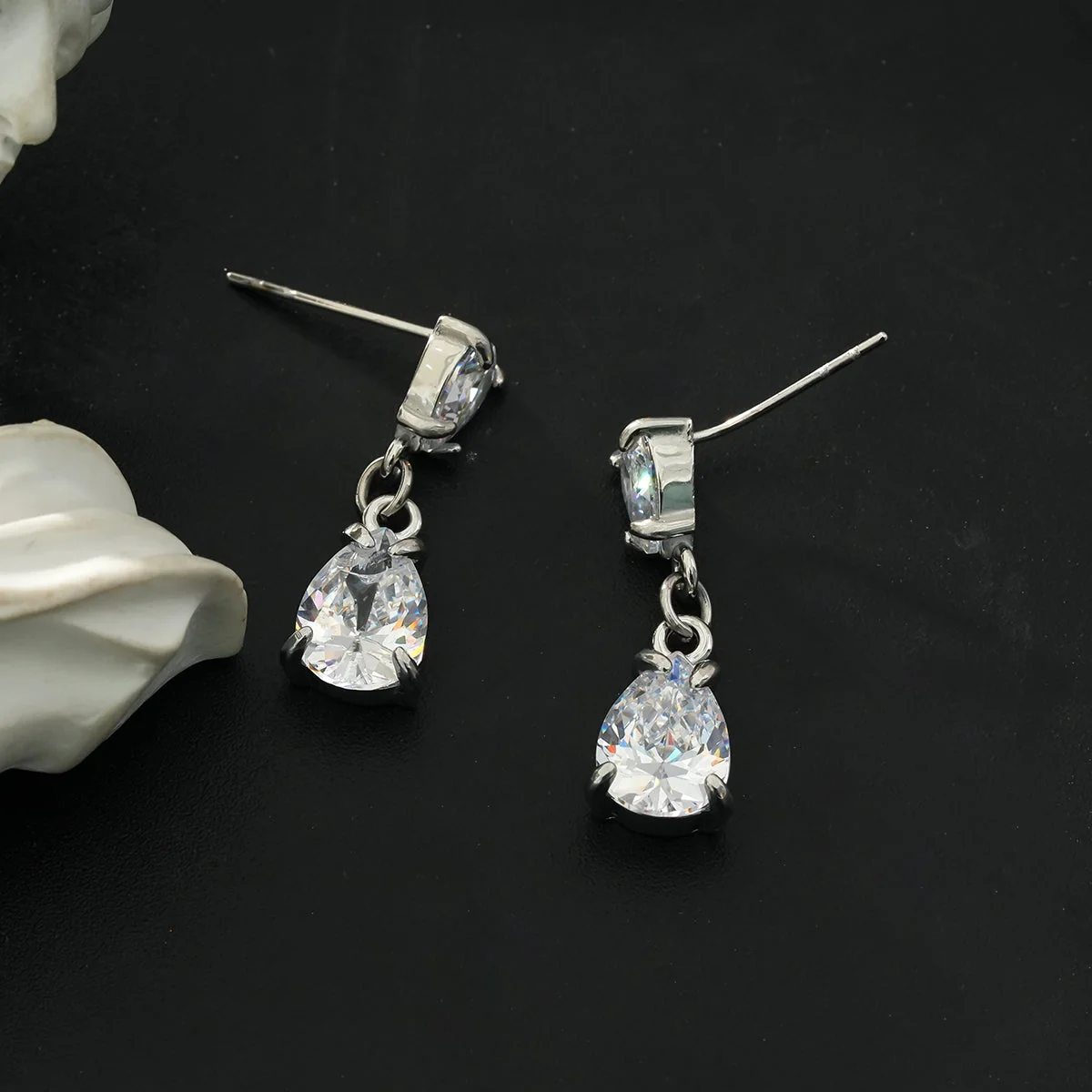 AYER: Radiance Duo Zirconia (CZ) Drop Stud Earrings in Silver Toned White Gold - Image 4