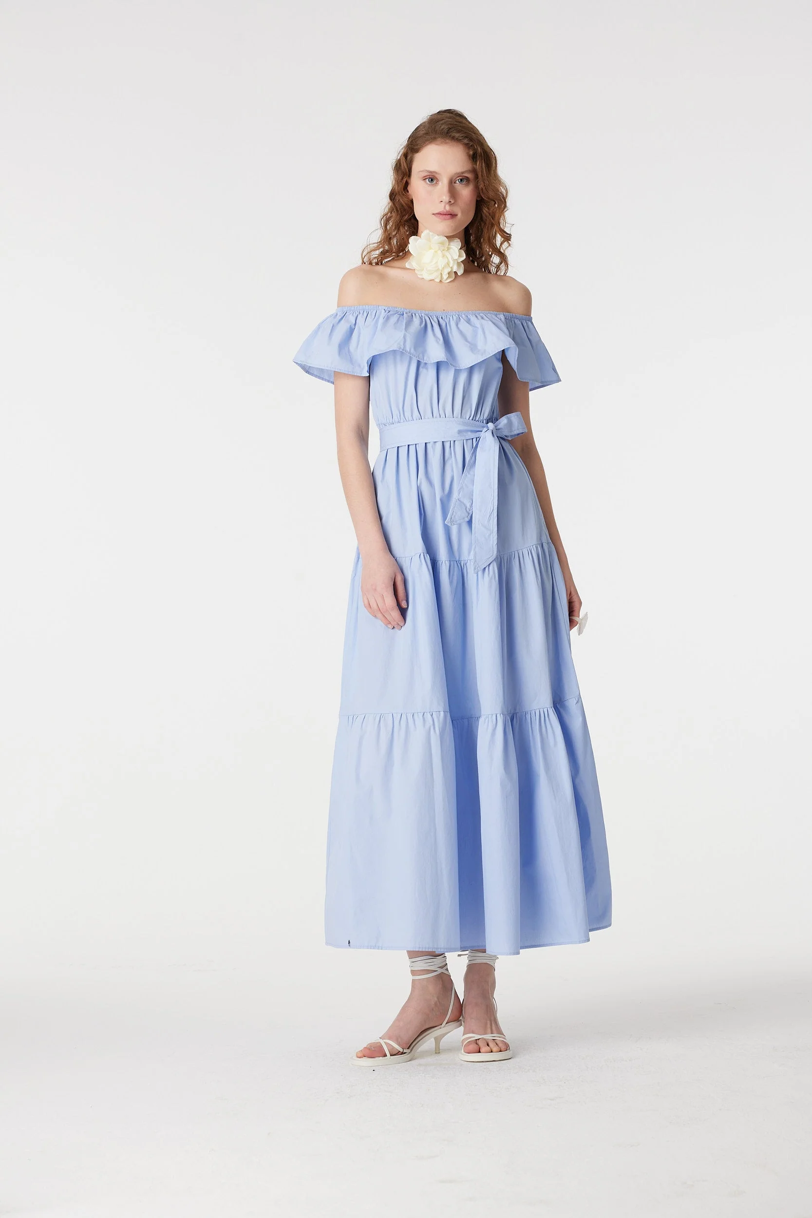 Baby Blue Cotton Off-Shoulder Tiered Maxi Dress - Image 2