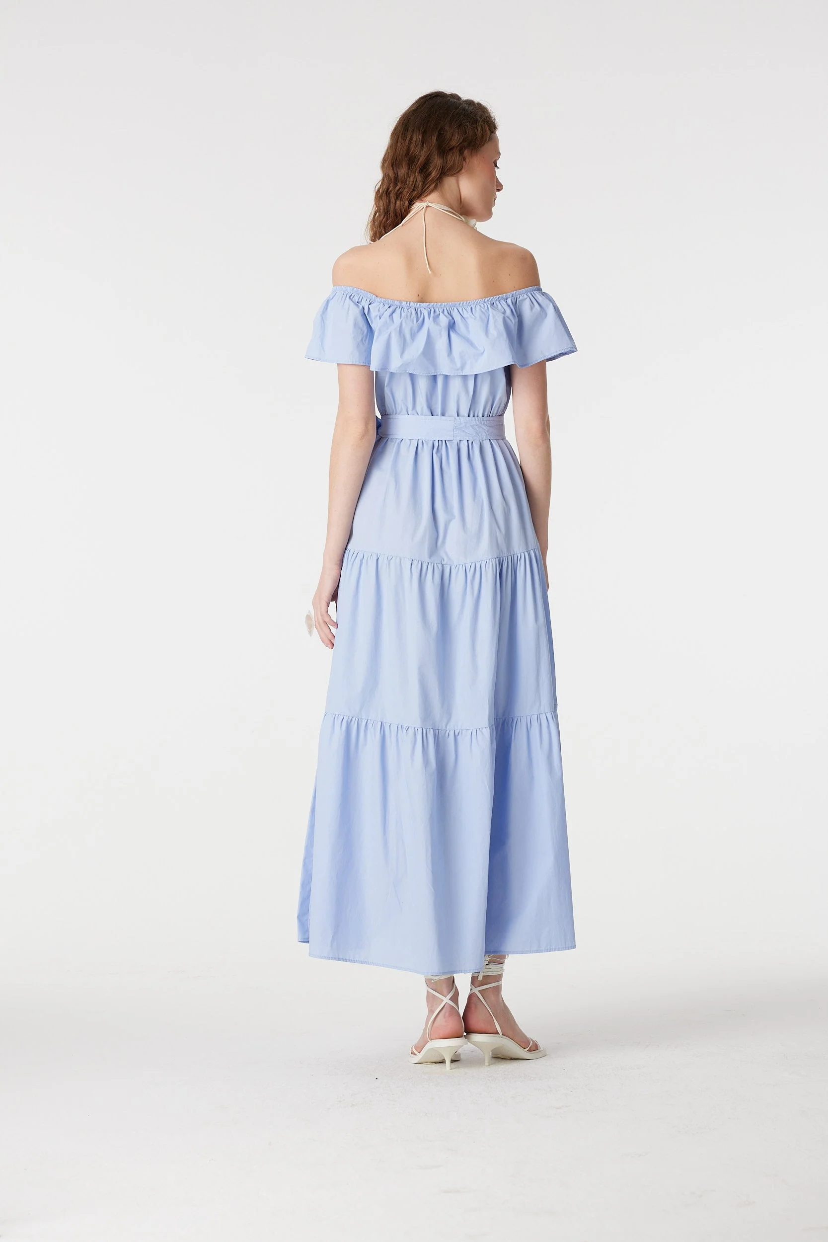 Baby Blue Cotton Off-Shoulder Tiered Maxi Dress - Image 3