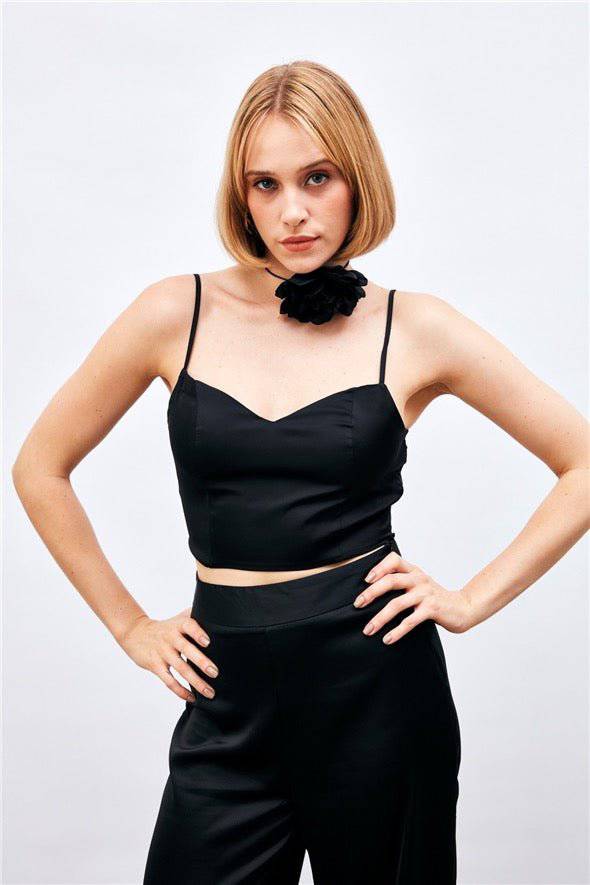 (Basic) Satin Crop Top  with String Straps - Black - Image 2