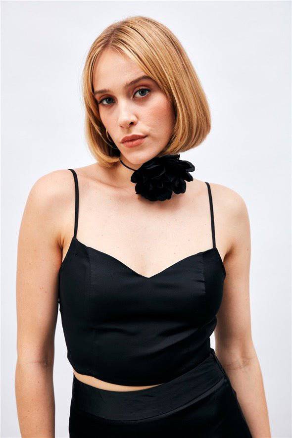 (Basic) Satin Crop Top  with String Straps - Black - Image 4