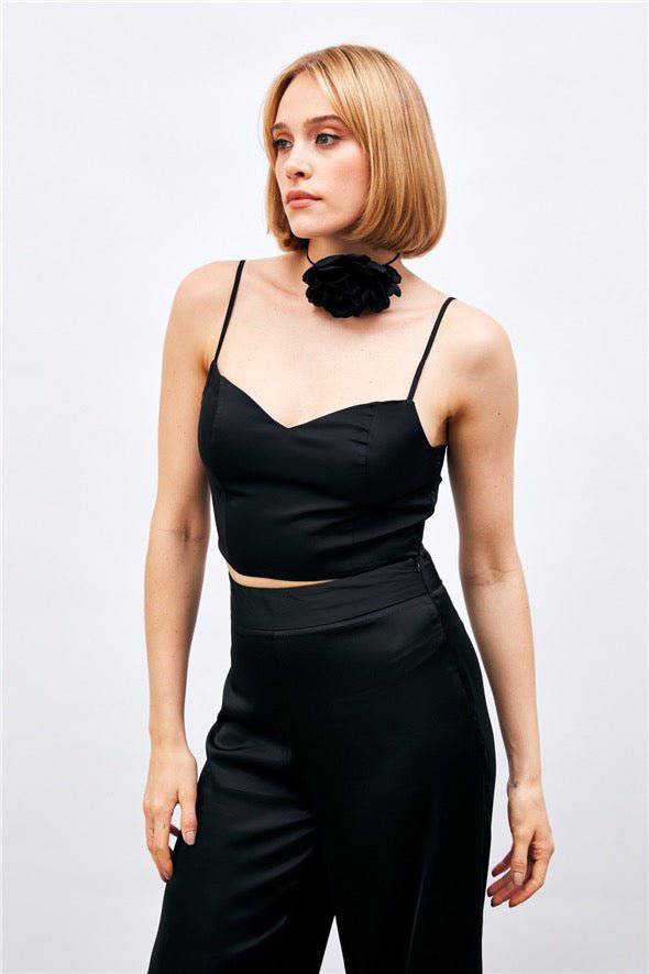 (Basic) Satin Crop Top  with String Straps - Black - Image 5