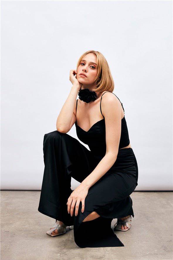 (Basic) Satin Crop Top  with String Straps - Black - Image 6
