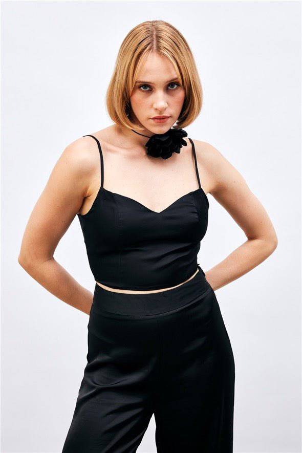 (Basic) Satin Crop Top  with String Straps - Black - Image 7