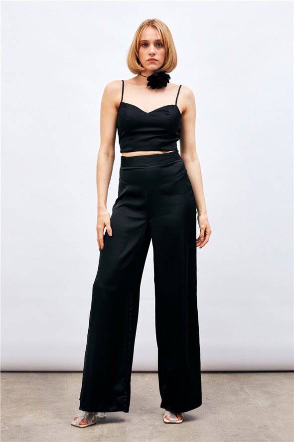 (Basic) Satin Crop Top  with String Straps - Black - Image 8