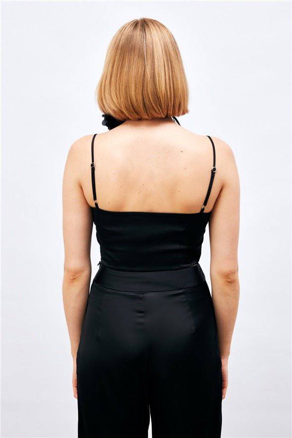 (Basic) Satin Crop Top  with String Straps - Black - Image 9