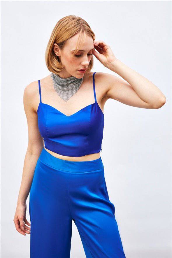(Basic) Satin Crop Top  with String Straps - Royal Blue - Image 3