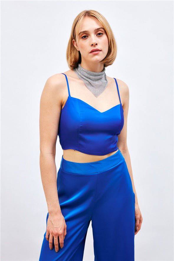 (Basic) Satin Crop Top  with String Straps - Royal Blue - Image 4