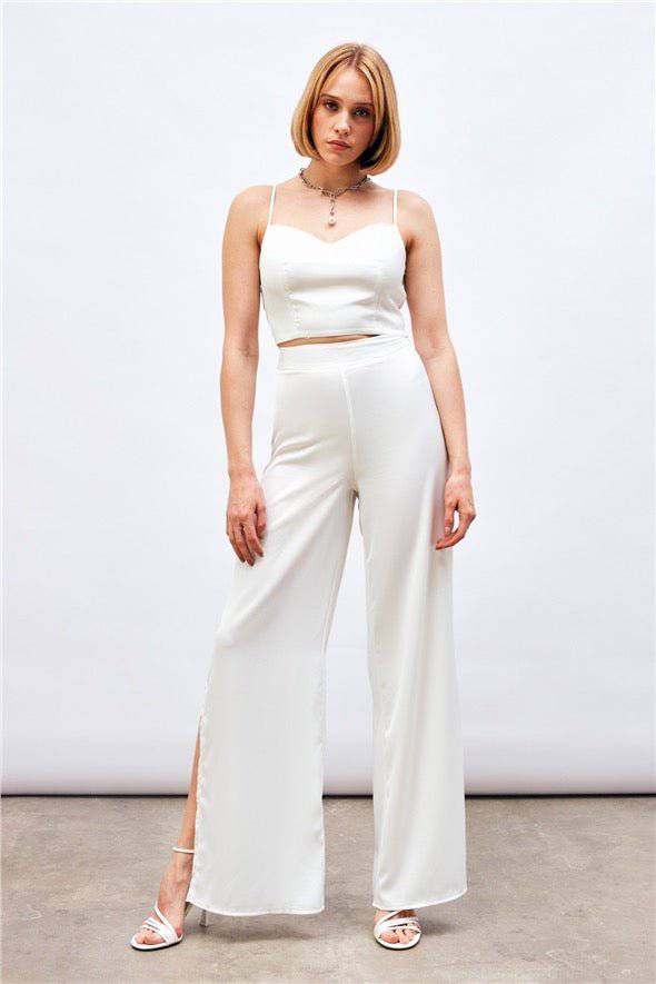 (Basic) Satin Crop Top  with String Straps - white - Image 6