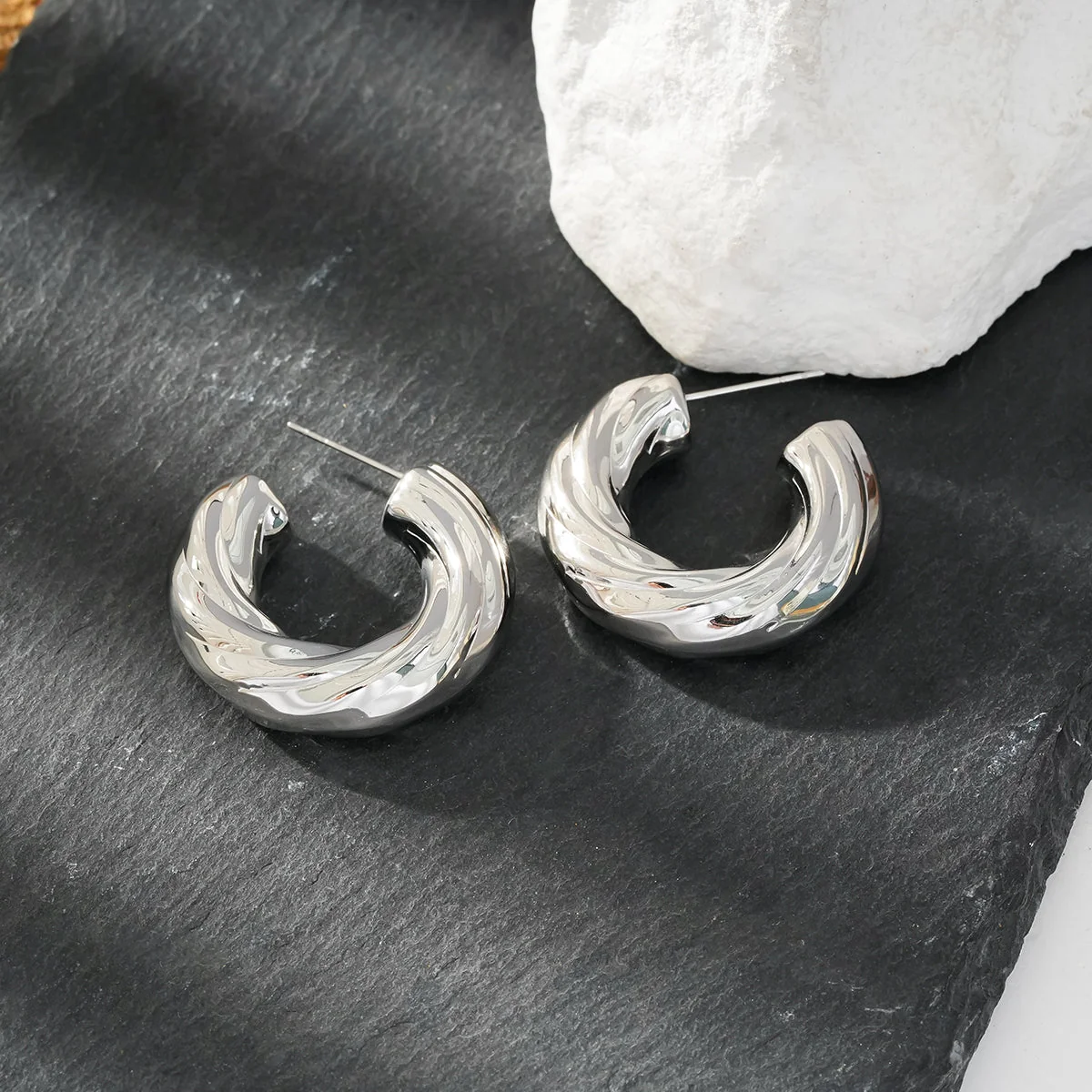 BEAUFORT Silver Toned (White Gold): Abstract-Chic Chunky Look Hoop Earrings – Modern Elegance Redefined - Image 5