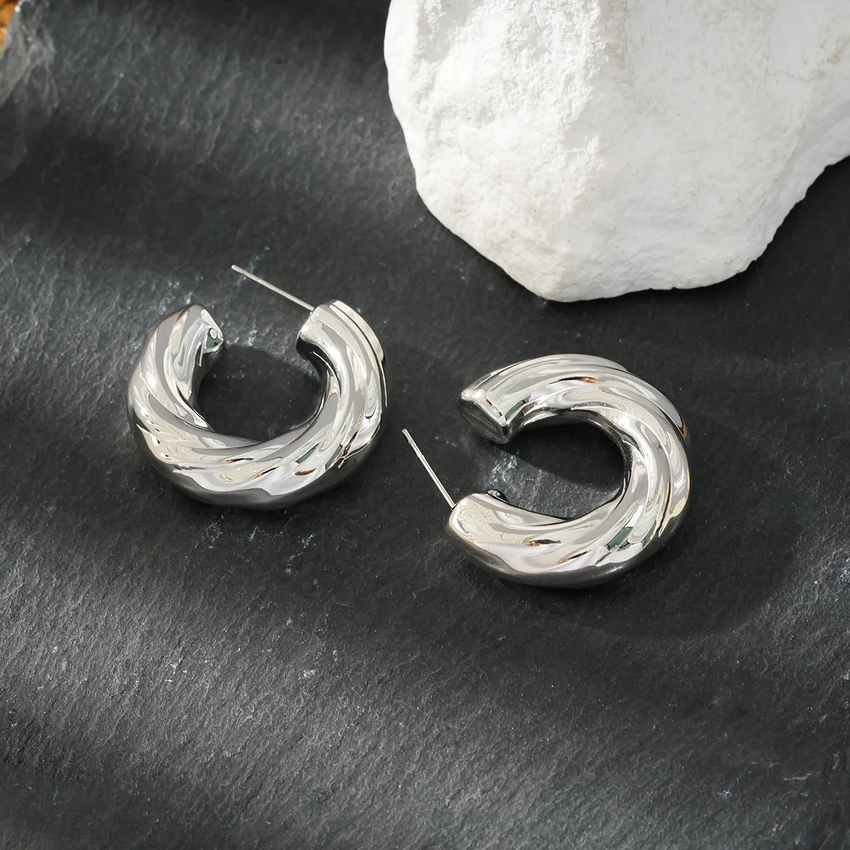 BEAUFORT Silver Toned (White Gold): Abstract-Chic Chunky Look Hoop Earrings – Modern Elegance Redefined - Image 9