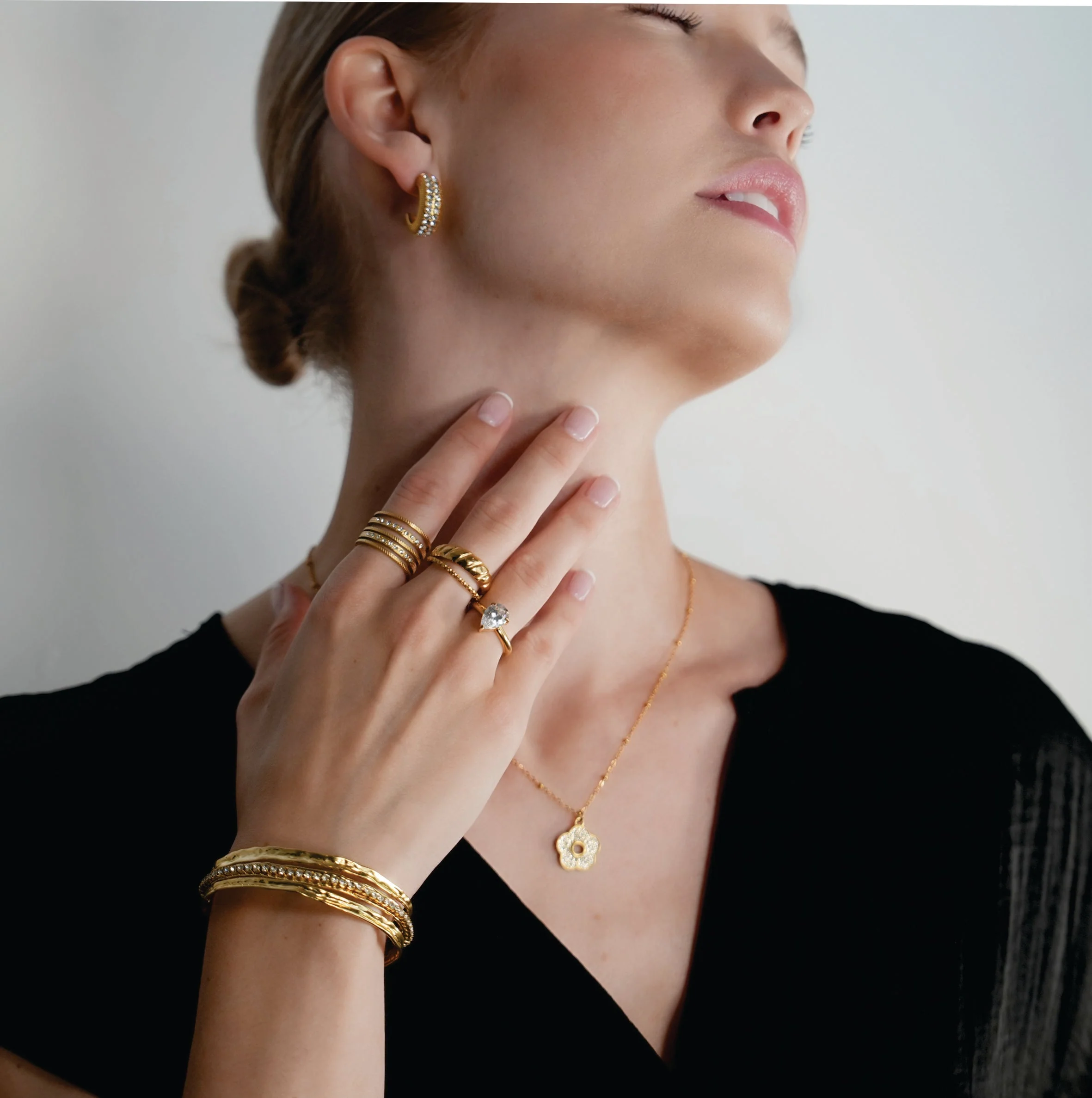 BELLINA Gold: Triple Stacked Textured Bracelet Zirconia (CZ) Embedded Tennis Bracelet at Centre. Stacked for Glamour. - Image 2