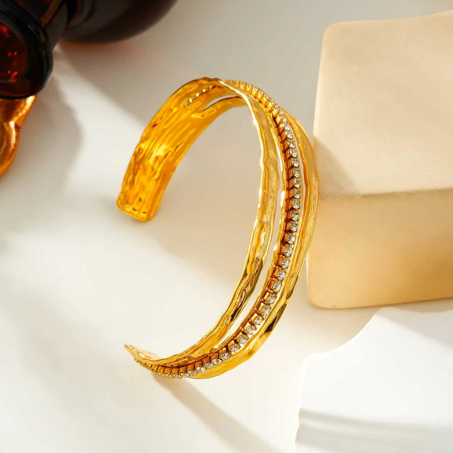 BELLINA Gold: Triple Stacked Textured Bracelet Zirconia (CZ) Embedded Tennis Bracelet at Centre. Stacked for Glamour. - Image 3