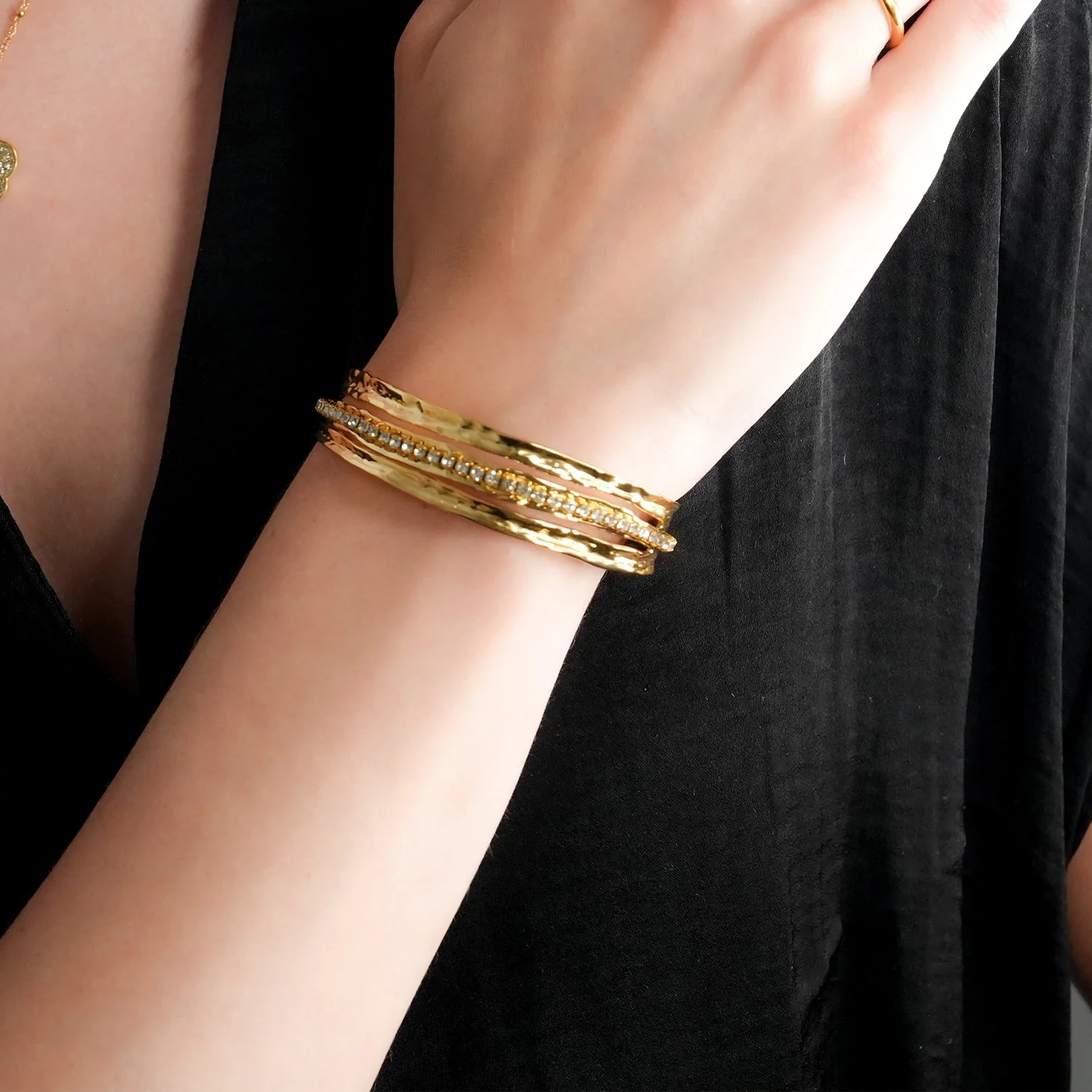 BELLINA Gold: Triple Stacked Textured Bracelet Zirconia (CZ) Embedded Tennis Bracelet at Centre. Stacked for Glamour. - Image 4