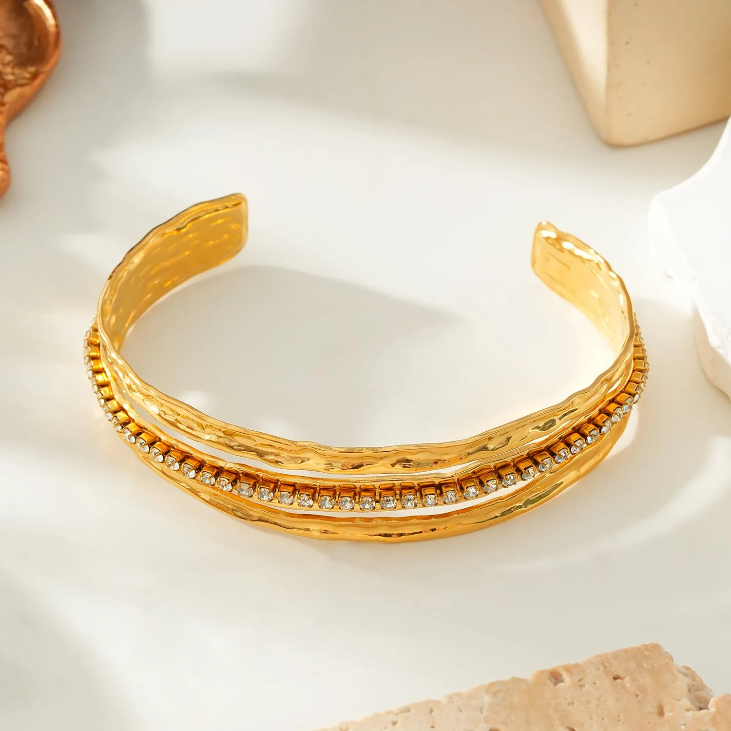 BELLINA Gold: Triple Stacked Textured Bracelet Zirconia (CZ) Embedded Tennis Bracelet at Centre. Stacked for Glamour. - Image 5