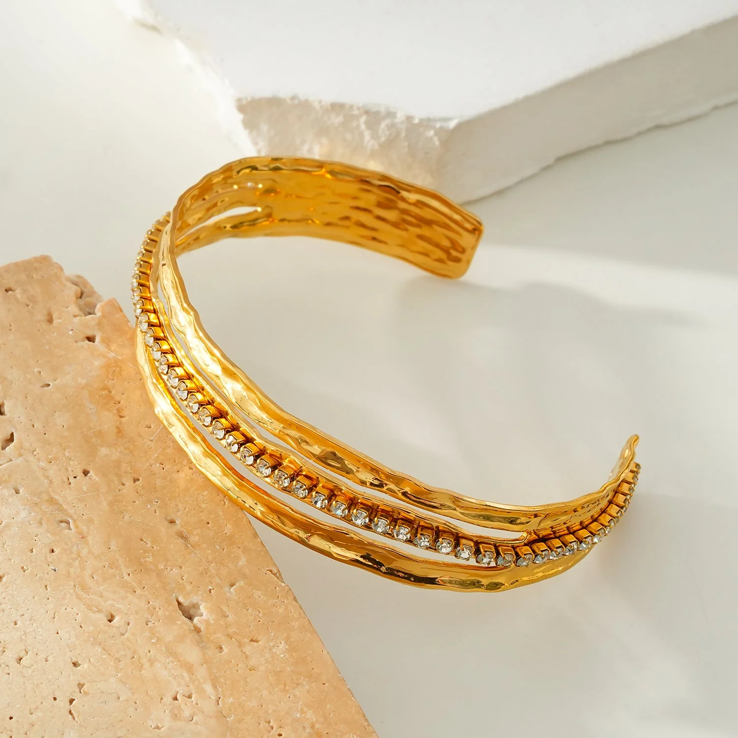 BELLINA Gold: Triple Stacked Textured Bracelet Zirconia (CZ) Embedded Tennis Bracelet at Centre. Stacked for Glamour. - Image 6