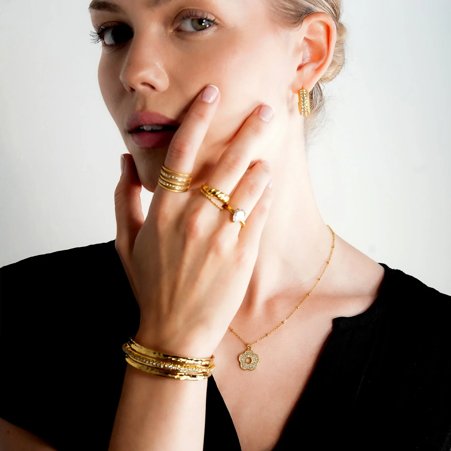 BELLINA Gold: Triple Stacked Textured Bracelet Zirconia (CZ) Embedded Tennis Bracelet at Centre. Stacked for Glamour. - Image 7