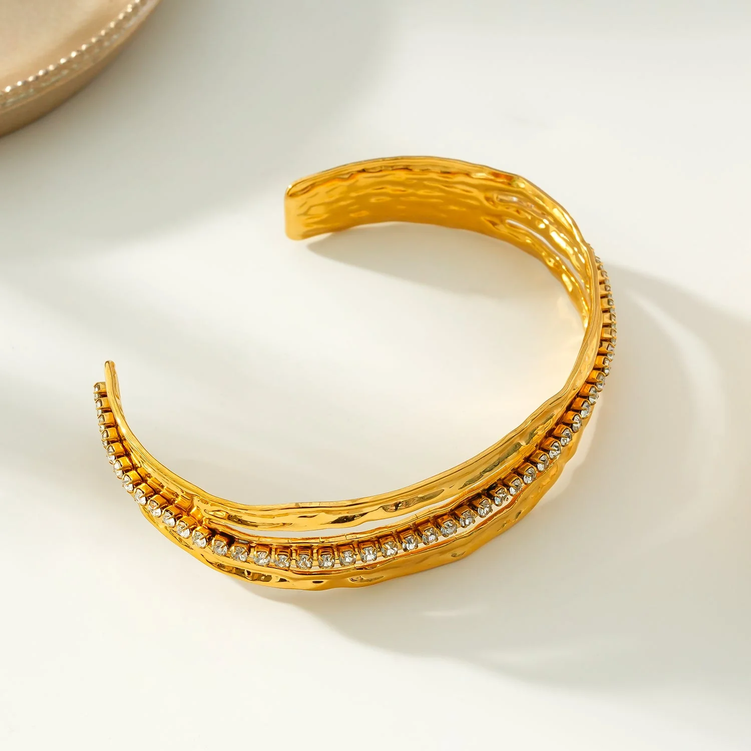 BELLINA Gold: Triple Stacked Textured Bracelet Zirconia (CZ) Embedded Tennis Bracelet at Centre. Stacked for Glamour. - Image 8
