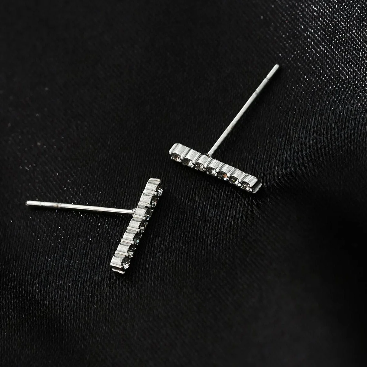 BIHAR: Minimalist Pavé Zirconia Embedded Bar Stud Earrings in White Gold (Silver Toned) - Image 2