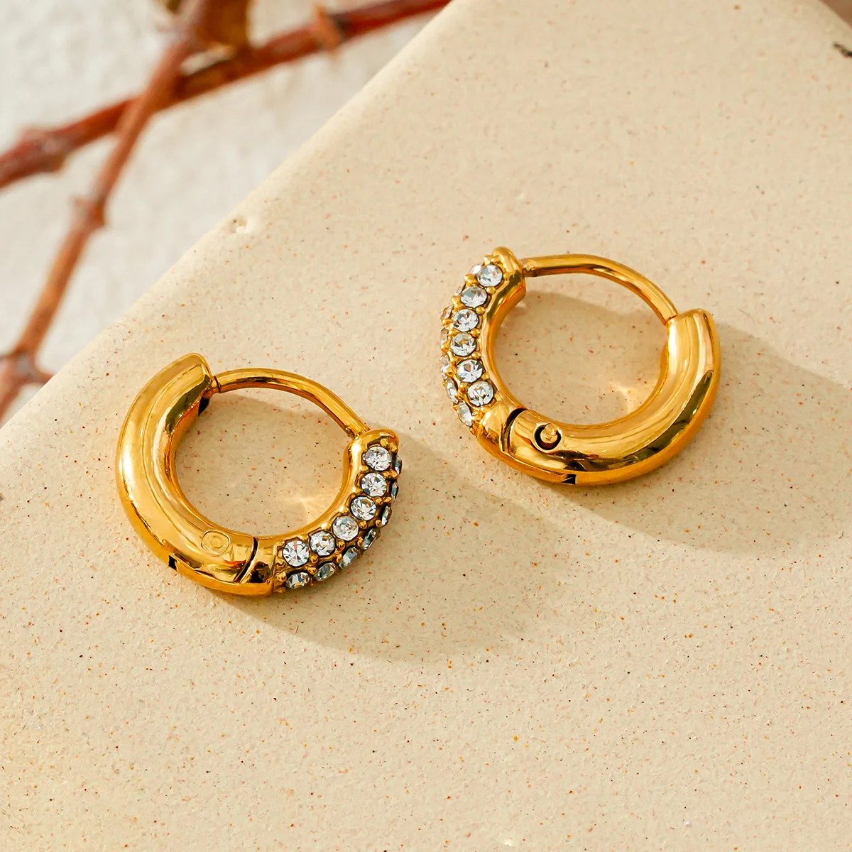 BISHO Gold: Sparkling Rows of Pavé Zirconia on Classic Mini Hoop Earrings - Image 3