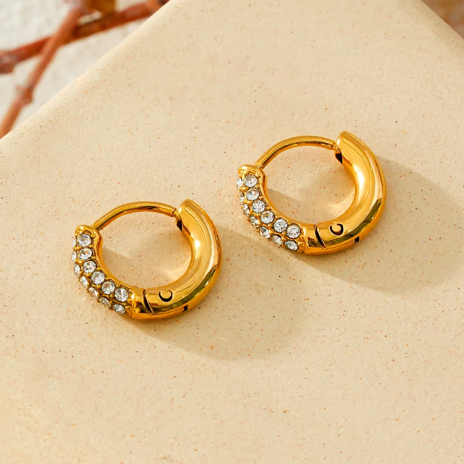 BISHO Gold: Sparkling Rows of Pavé Zirconia on Classic Mini Hoop Earrings - Image 4