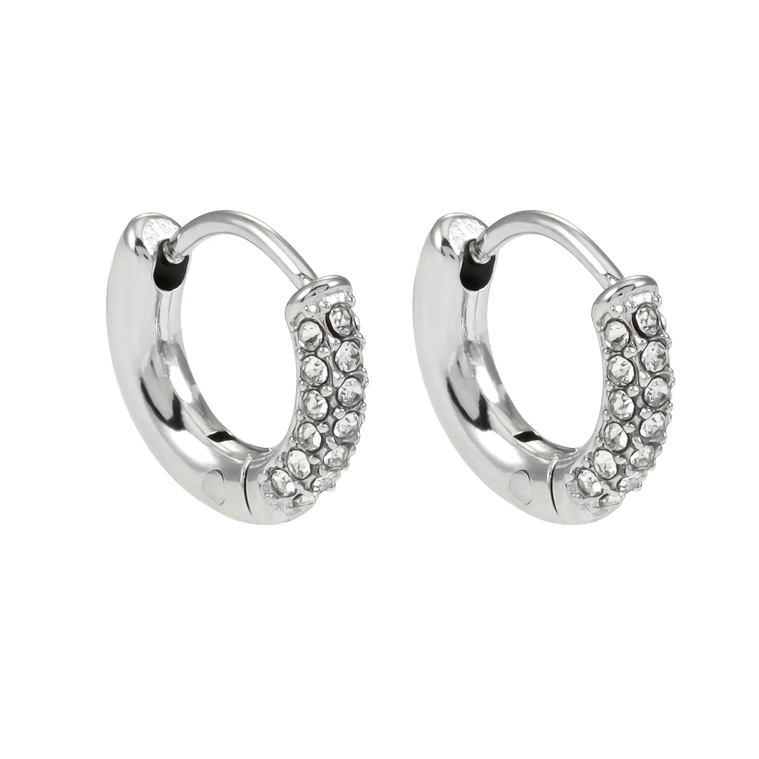 BISHO Silver (White Gold): Sparkling Rows of Pavé Zirconia on Classic Mini Hoop Earrings - Image 2