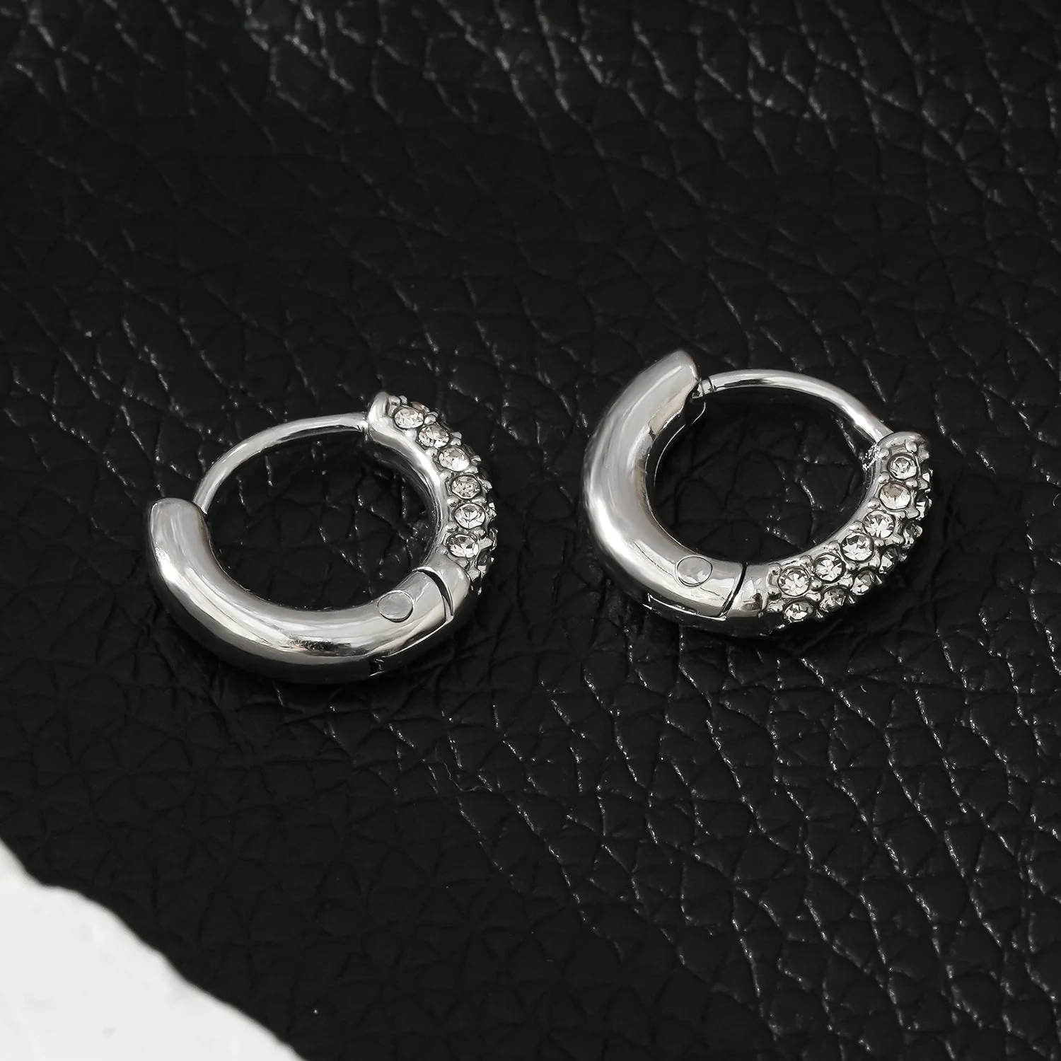 BISHO Silver (White Gold): Sparkling Rows of Pavé Zirconia on Classic Mini Hoop Earrings - Image 3