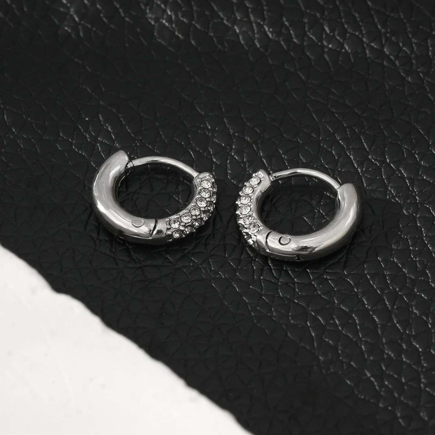 BISHO Silver (White Gold): Sparkling Rows of Pavé Zirconia on Classic Mini Hoop Earrings - Image 4