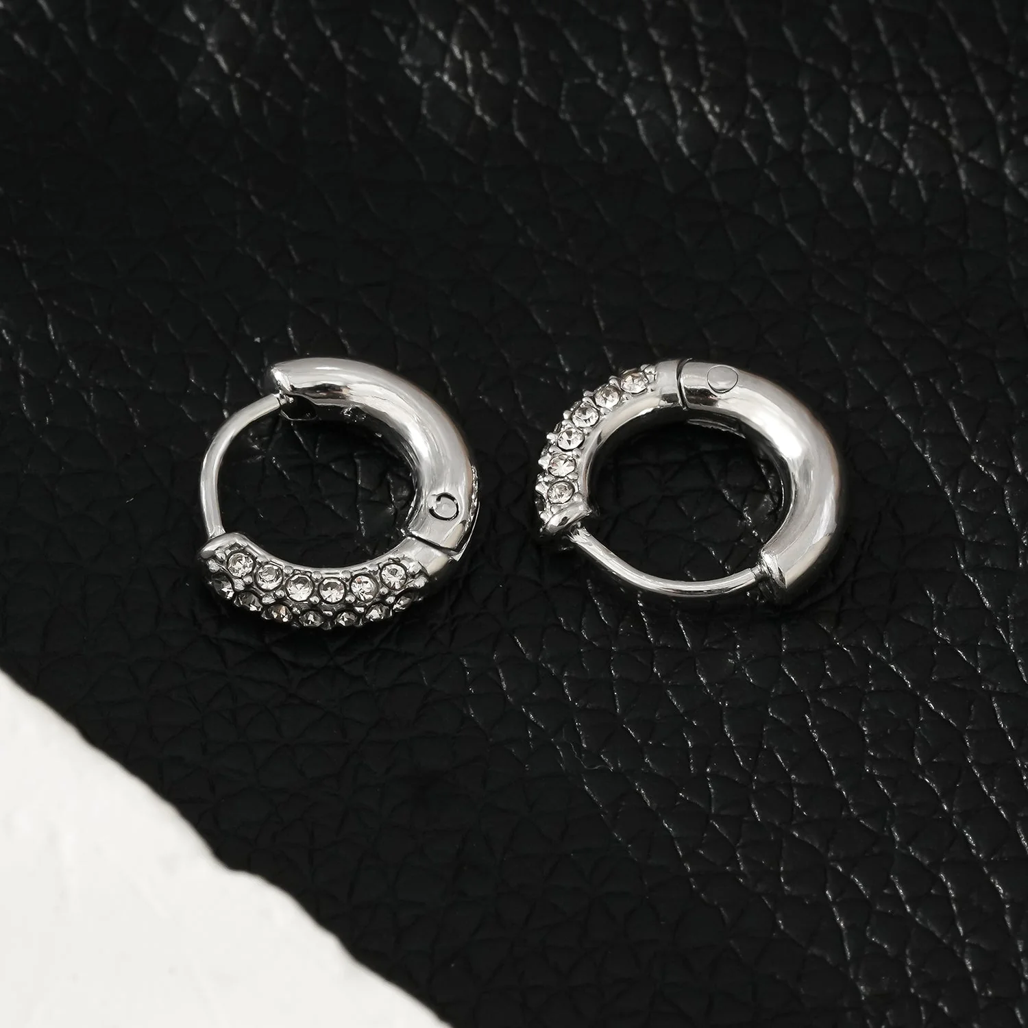 BISHO Silver (White Gold): Sparkling Rows of Pavé Zirconia on Classic Mini Hoop Earrings - Image 5