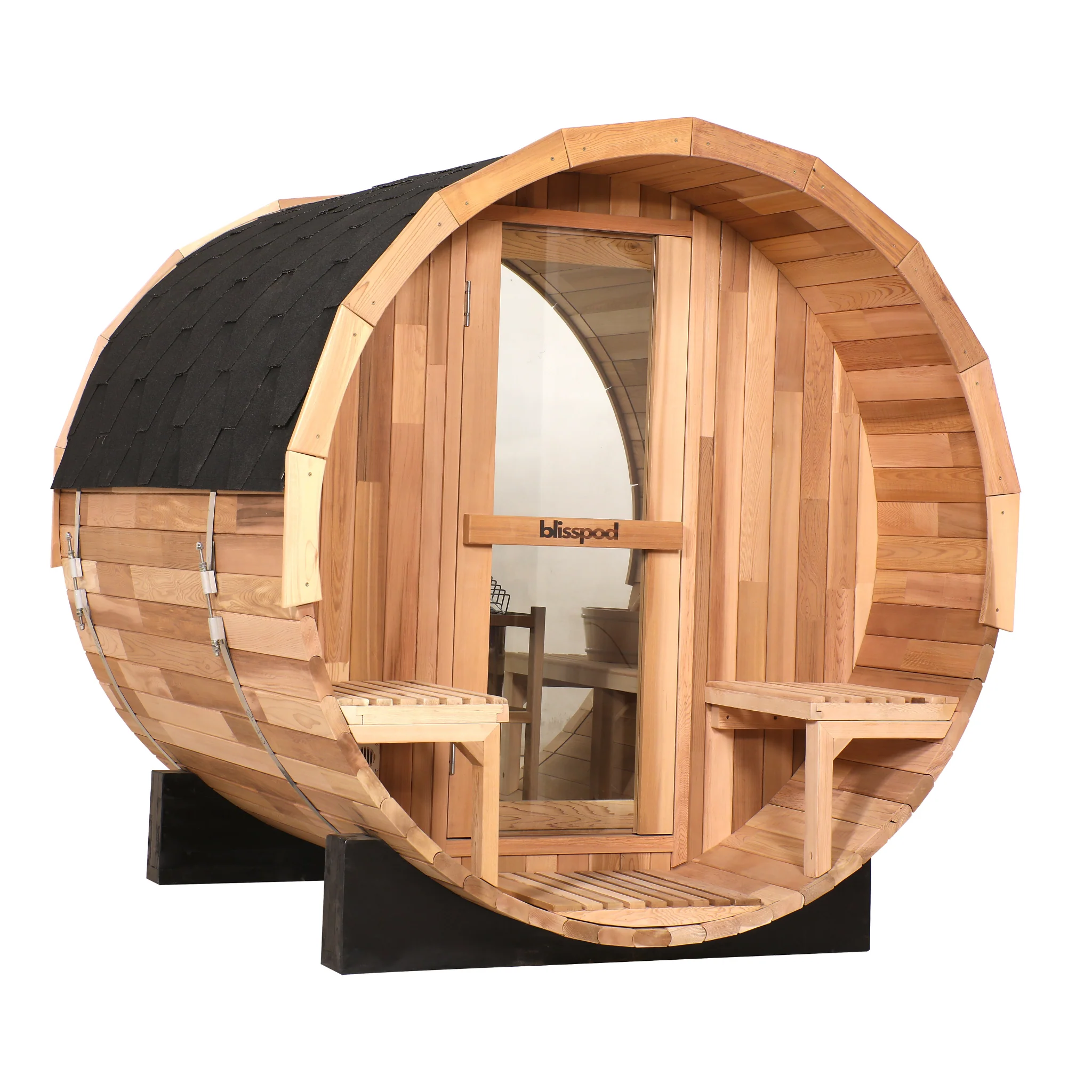 Blisspod | Prague | Canadian Red Cedar Outdoor Steam Barell Sauna, 2-4 / 4-6 persons with Full Glass Back & 2 front Porch seats - Image 5