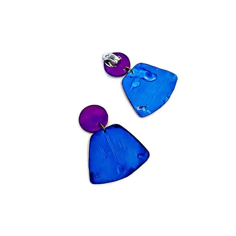 Blue & Purple Statement Earrings Post or Clip Ons - "Janet" - Image 3