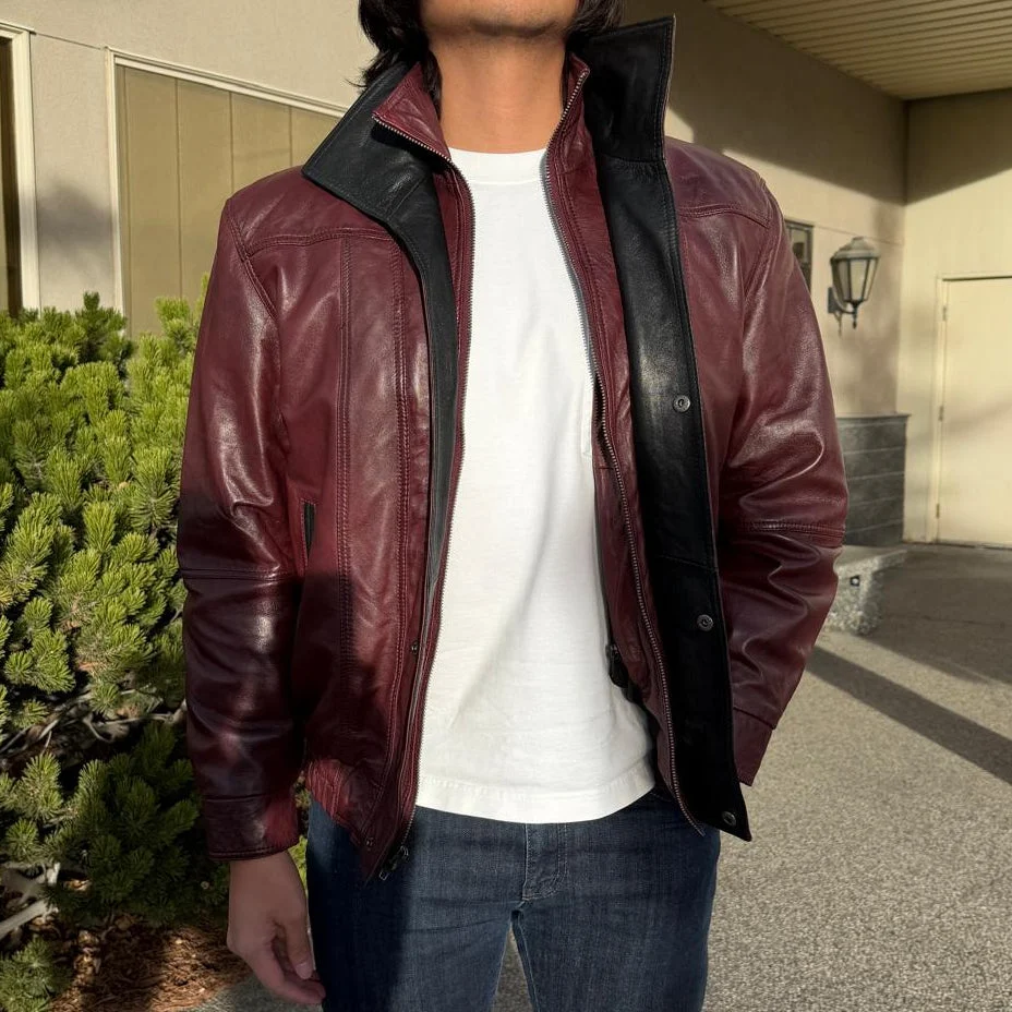 BOL Men's Double Collar Leather Bomber Jacket - Image 14