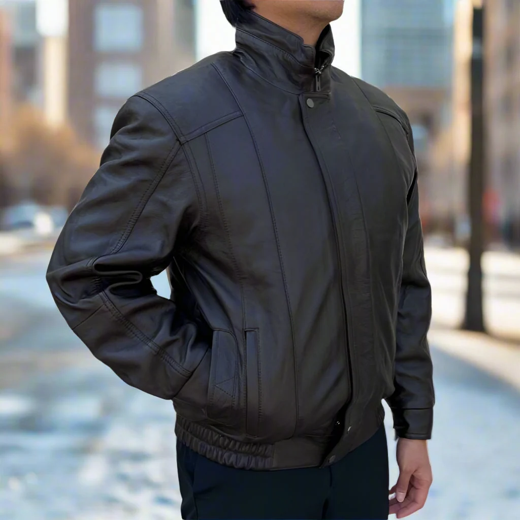BOL Men's Double Pocket Leather Bomber Jacket - Image 8