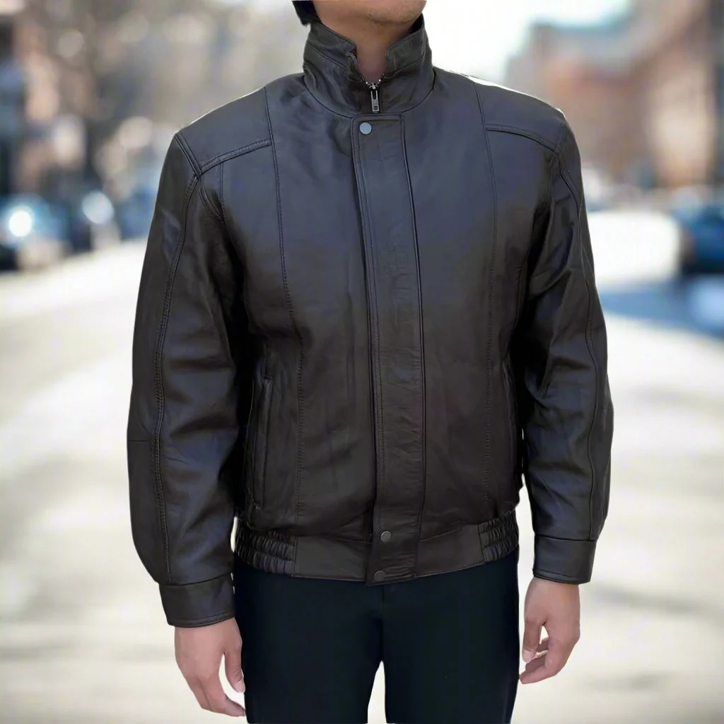 BOL Men's Double Pocket Leather Bomber Jacket - Image 9