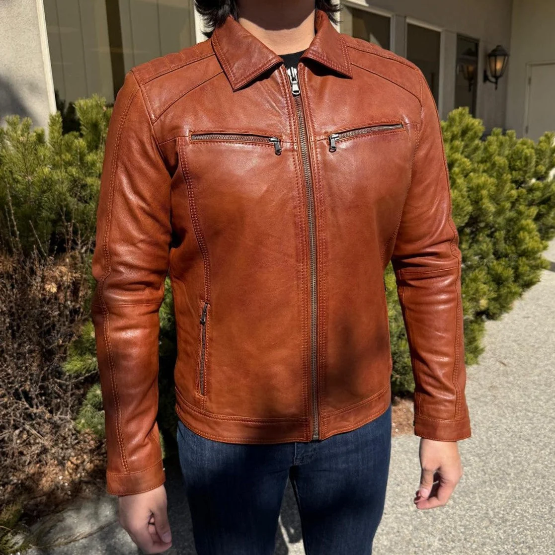 BOL Men’s Zip Pocket Leather Jacket. Sheep Leather Jacket with Fold-Down Collar - Image 11