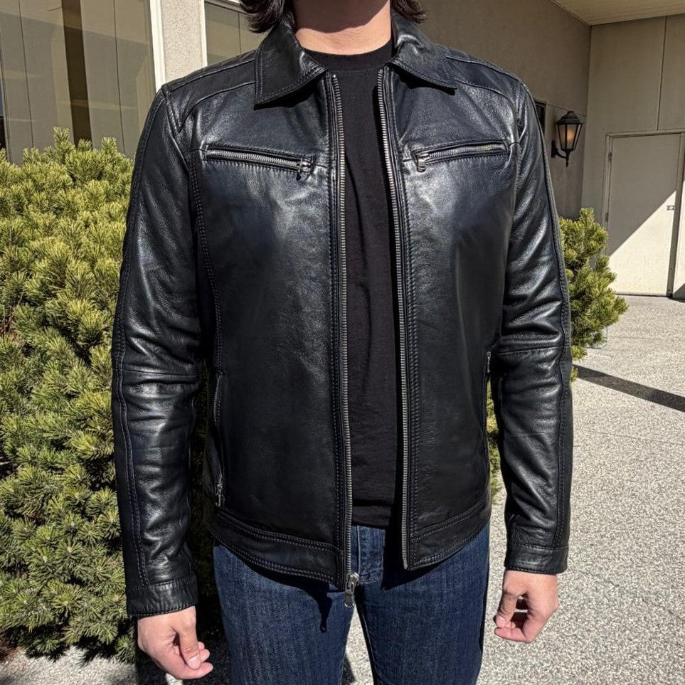 BOL Men’s Zip Pocket Leather Jacket. Sheep Leather Jacket with Fold-Down Collar - Image 12