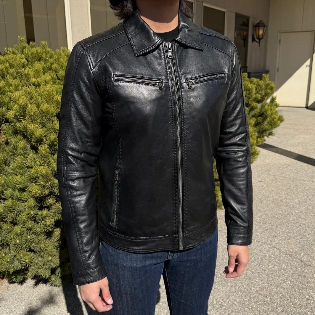 BOL Men’s Zip Pocket Leather Jacket. Sheep Leather Jacket with Fold-Down Collar - Image 18