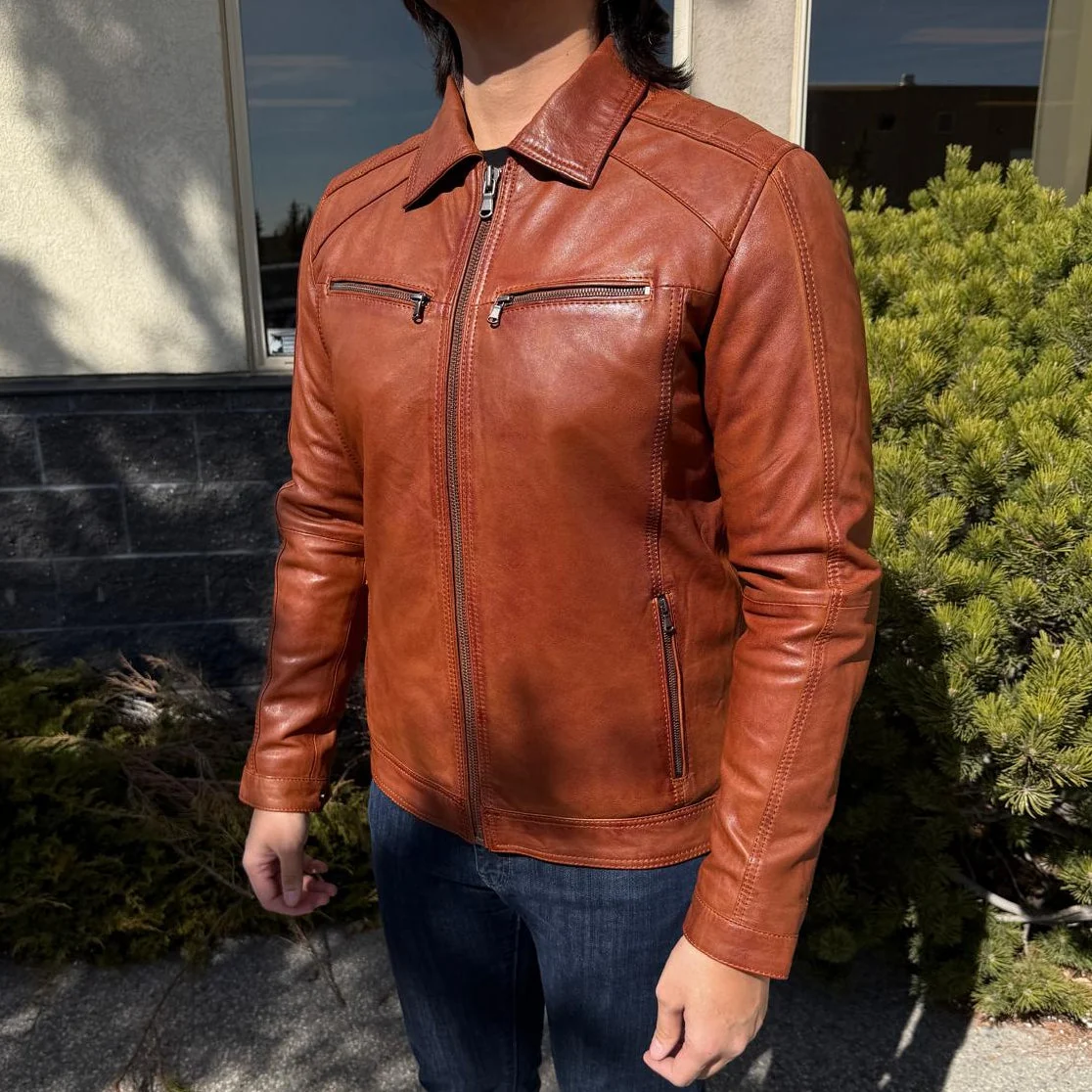 BOL Men’s Zip Pocket Leather Jacket. Sheep Leather Jacket with Fold-Down Collar - Image 3