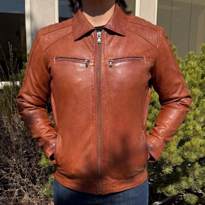 BOL Men’s Zip Pocket Leather Jacket. Sheep Leather Jacket with Fold-Down Collar - Image 5