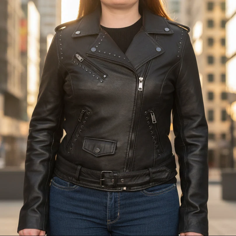 BOL Women’s Nova Leather Moto Jacket. Shadow Chrome Studded Biker Jacket with Waist Belt - Image 7