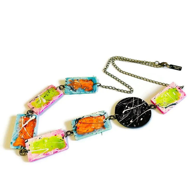 Bold Colorful Beaded Statement Necklace- Paint Spalsh - Image 4