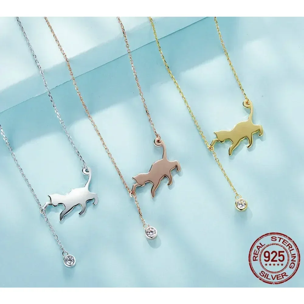 Breathtaking 925 Sterling Silver Cat Necklace | Elegant Pendant Collarbone Jewelry Scn232 In 3 Colors - Image 8