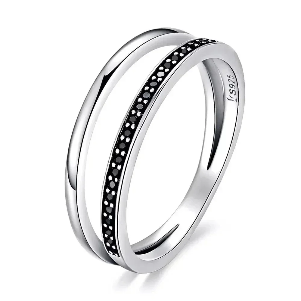 925 Sterling Silver Black & Clear Double Circle CZ Ring