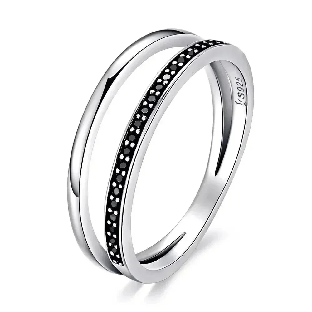 925 Sterling Silver Black & Clear Double Circle CZ Ring - Image 13