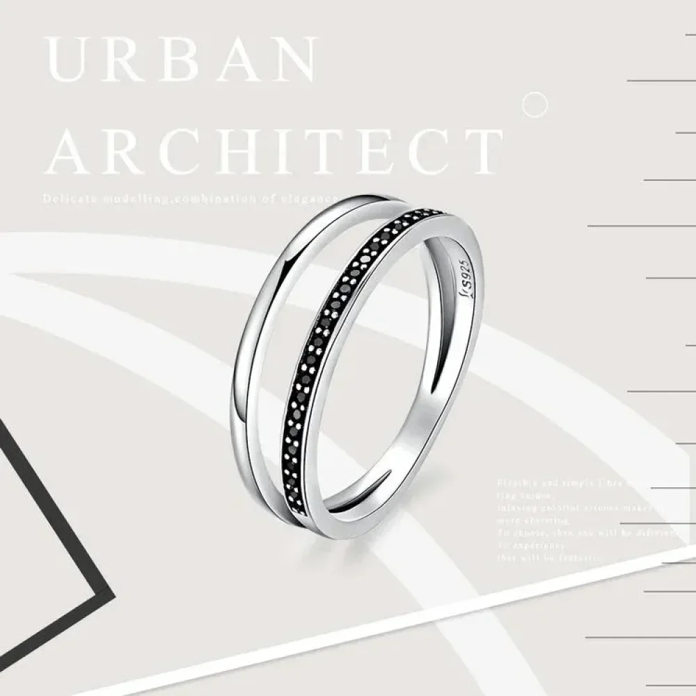 925 Sterling Silver Black & Clear Double Circle CZ Ring - Image 6