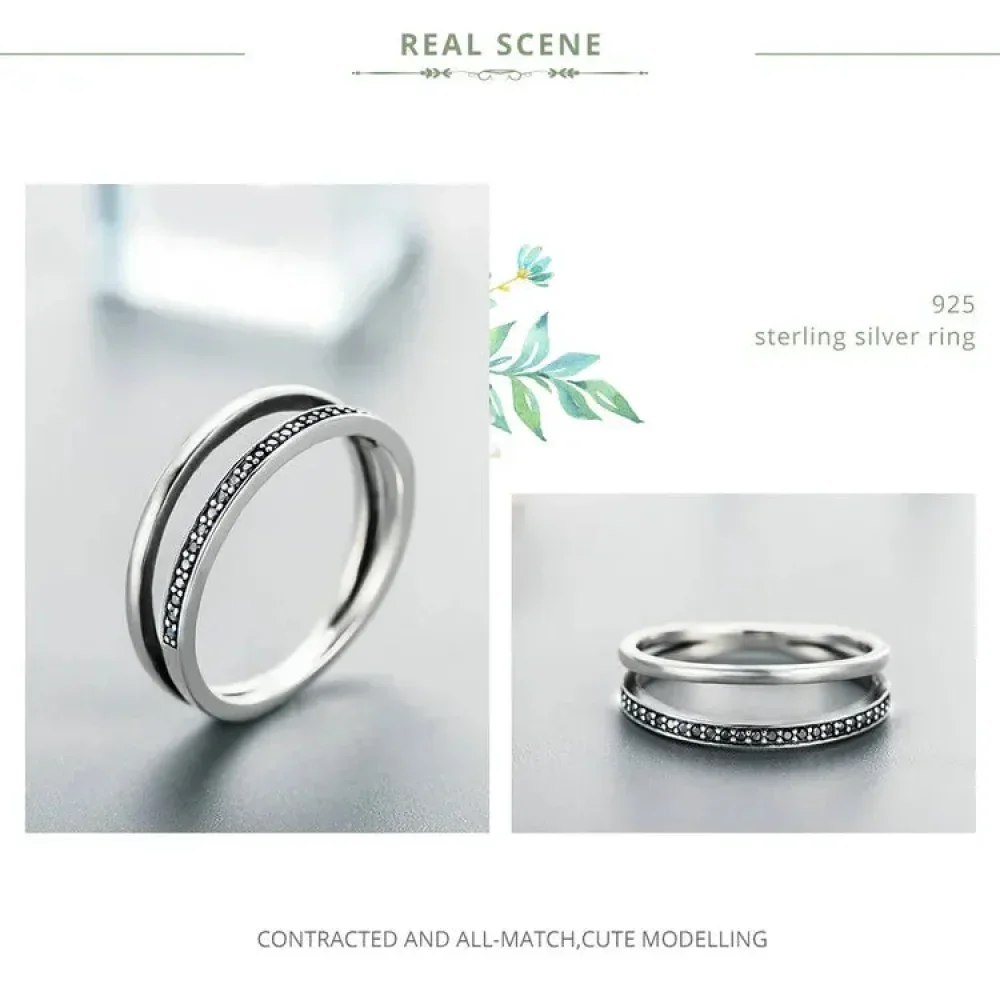 925 Sterling Silver Black & Clear Double Circle CZ Ring - Image 7