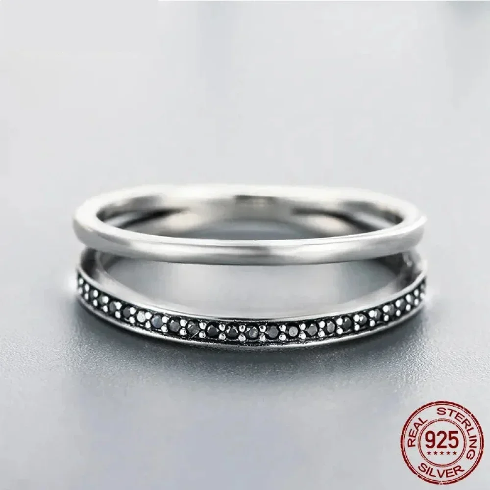 925 Sterling Silver Black & Clear Double Circle CZ Ring - Image 8